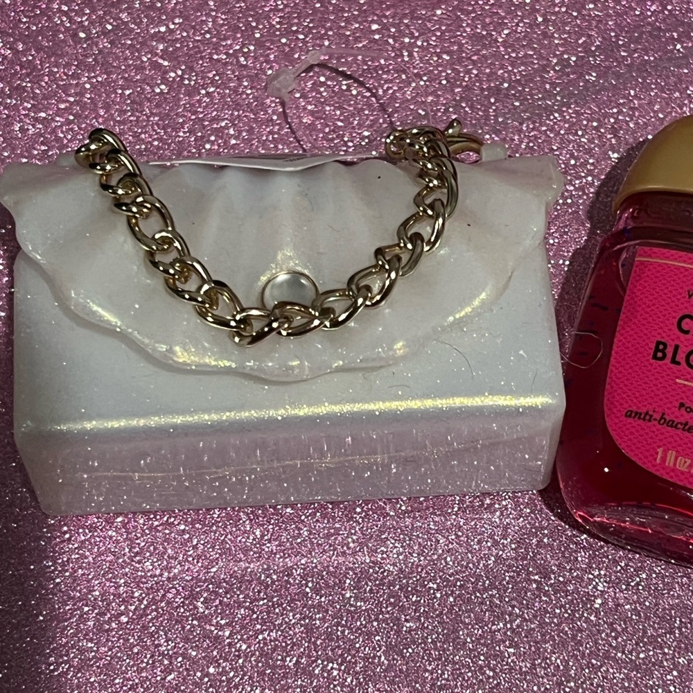 White Pearlized Mini Purse Hand Sanitizer Holder with Gold Chain